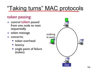 token passing:
 control token passed
from one node to next
sequentially.
 token message
 concerns:
 token overhead
 latency
 single point of failure
(token)
T
data
(nothing
to send)
T
“Taking turns” MAC protocols
186
 