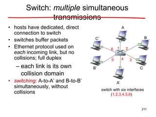 Switch: multiple simultaneous
transmissions
• hosts have dedicated, direct
connection to switch
• switches buffer packets
• Ethernet protocol used on
each incoming link, but no
collisions; full duplex
– each link is its own
collision domain
• switching: A-to-A’ and B-to-B’
simultaneously, without
collisions
switch with six interfaces
(1,2,3,4,5,6)
A
A’
B
B’ C
C’
1 2
3
4
5
6
211
 