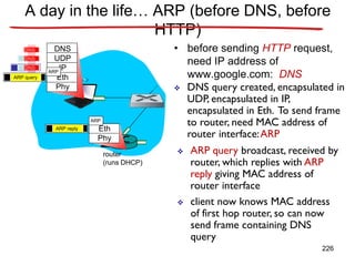 router
(runs DHCP)
A day in the life… ARP (before DNS, before
HTTP)
• before sending HTTP request,
need IP address of
www.google.com: DNS
DNS
UDP
IP
Eth
Phy
DNS
DNS
DNS
 DNS query created, encapsulated in
UDP, encapsulated in IP,
encapsulated in Eth. To send frame
to router, need MAC address of
router interface:ARP
 ARP query broadcast, received by
router, which replies with ARP
reply giving MAC address of
router interface
 client now knows MAC address
of first hop router, so can now
send frame containing DNS
query
ARP query
Eth
Phy
ARP
ARP
ARP reply
226
 