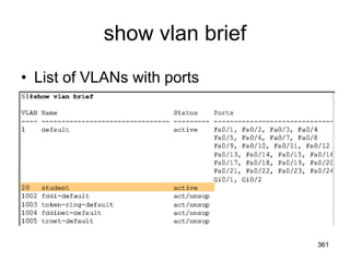 show vlan brief
• List of VLANs with ports
361
 