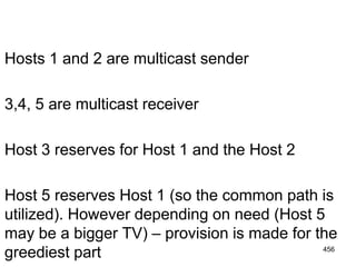 Hosts 1 and 2 are multicast sender
3,4, 5 are multicast receiver
Host 3 reserves for Host 1 and the Host 2
Host 5 reserves Host 1 (so the common path is
utilized). However depending on need (Host 5
may be a bigger TV) – provision is made for the
greediest part 456
 