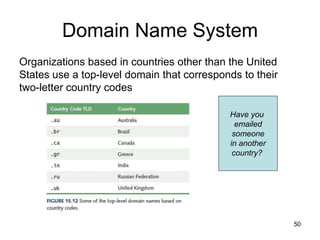 Domain Name System
Organizations based in countries other than the United
States use a top-level domain that corresponds to their
two-letter country codes
Have you
emailed
someone
in another
country?
50
 
