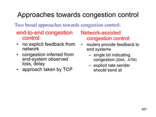 Approaches towards congestion control
end-to-end congestion
control:
• no explicit feedback from
network
• congestion inferred from
end-system observed
loss, delay
• approach taken by TCP
Network-assisted
congestion control:
• routers provide feedback to
end systems
– single bit indicating
congestion (SNA, ATM)
– explicit rate sender
should send at
Two broad approaches towards congestion control:
587
 