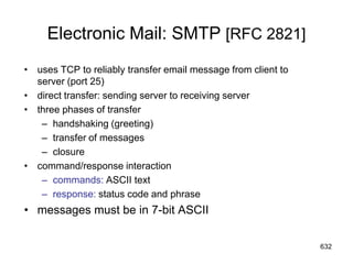 Electronic Mail: SMTP [RFC 2821]
• uses TCP to reliably transfer email message from client to
server (port 25)
• direct transfer: sending server to receiving server
• three phases of transfer
– handshaking (greeting)
– transfer of messages
– closure
• command/response interaction
– commands: ASCII text
– response: status code and phrase
• messages must be in 7-bit ASCII
632
 