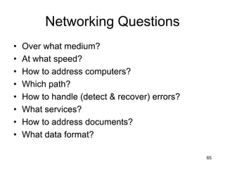 Networking Questions
• Over what medium?
• At what speed?
• How to address computers?
• Which path?
• How to handle (detect & recover) errors?
• What services?
• How to address documents?
• What data format?
65
 
