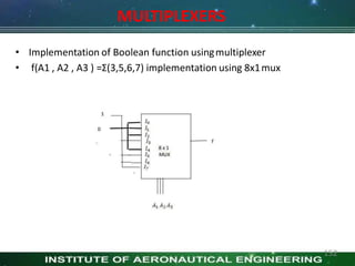 MULTIPLEXERS
• Implementation of Boolean function usingmultiplexer
• f(A1 , A2 , A3 ) =Σ(3,5,6,7) implementation using 8x1mux
152
 