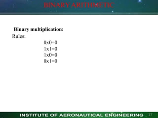 Binary multiplication:
Rules:
0x0=0
1x1=0
1x0=0
0x1=0
BINARYARITHMETIC
17
 