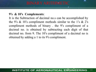 BINARYARITHMETIC
9’s & 10’s Complements:
It is the Subtraction of decimal no.s can be accomplished by
the 9’s & 10’s compliment methods similar to the 1’s & 2’s
compliment methods of binary . the 9’s compliment of a
decimal no. is obtained by subtracting each digit of that
decimal no. from 9. The 10’s compliment of a decimal no is
obtained by adding a 1 to its 9’s compliment.
19
 