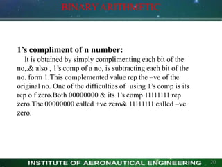 1’s compliment of n number:
It is obtained by simply complimenting each bit of the
no,.& also , 1’s comp of a no, is subtracting each bit of the
no. form 1.This complemented value rep the –ve of the
original no. One of the difficulties of using 1’s comp is its
rep o f zero.Both 00000000 & its 1’s comp 11111111 rep
zero.The 00000000 called +ve zero& 11111111 called –ve
zero.
BINARYARITHMETIC
20
 