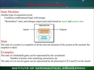 STATE MACHINES
State Machine
Another type of sequential circuit
Combines combinational logic with storage
―Remembers‖ state, and changes output (and state) based on inputs and current state
State
The state of a system is a snapshot of all the relevant elements of the system at the moment the
snapshot is taken.
Examples:
The state of a basketball game can be represented by the scoreboard.
Number of points, time remaining, possession, etc.
The state of a tic-tac-toe game can be represented by the placement of X’s and O’s on the board.
205
 