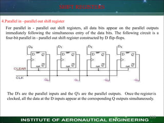 SHIFT REGISTERS
4.Parallel in –parallel out shift register
For parallel in - parallel out shift registers, all data bits appear on the parallel outputs
immediately following the simultaneous entry of the data bits. The following circuit is a
four-bit parallel in - parallel out shift register constructed by D flip-flops.
The D's are the parallel inputs and the Q's are the parallel outputs. Once the registeris
clocked, all the data at the D inputs appear at the corresponding Q outputs simultaneously.
239
 