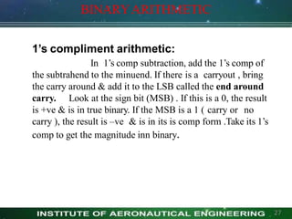 BINARYARITHMETIC
1’s compliment arithmetic:
In 1’s comp subtraction, add the 1’s comp of
the subtrahend to the minuend. If there is a carryout , bring
the carry around & add it to the LSB called the end around
carry. Look at the sign bit (MSB) . If this is a 0, the result
is +ve & is in true binary. If the MSB is a 1 ( carry or no
carry ), the result is –ve & is in its is comp form .Take its 1’s
comp to get the magnitude inn binary.
27
 