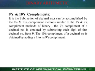 BINARYARITHMETIC
9’s & 10’s Complements:
It is the Subtraction of decimal no.s can be accomplished by
the 9’s & 10’s compliment methods similar to the 1’s & 2’s
compliment methods of binary . the 9’s compliment of a
decimal no. is obtained by subtracting each digit of that
decimal no. from 9. The 10’s compliment of a decimal no is
obtained by adding a 1 to its 9’s compliment.
28
 