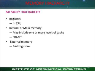 MEMORY HIAERARCHY
• Registers
— In CPU
• Internal or Main memory
— May include one or more levels of cache
— “RAM”
• External memory
— Backing store
MEMORY HIAERARCHY
287
 