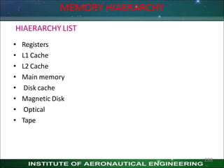 HIAERARCHY LIST
• Registers
• L1 Cache
• L2 Cache
• Main memory
• Disk cache
• Magnetic Disk
• Optical
• Tape
MEMORY HIAERARCHY
288
 