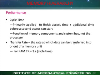 Performance
• Cycle Time
—Primarily applied to RAM; access time + additional time
before a second access can start
—Function of memory components and system bus, not the
processor
• Transfer Rate – the rate at which data can be transferred into
or out of a memory unit
— For RAM TR = 1 / (cycle time)
MEMORY HIAERARCHY
294
 