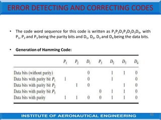 ERROR DETECTING AND CORRECTING CODES
• The code word sequence for this code is written as P1P2D1P3D2D3D4, with
P1, P2 and P3 being the parity bits and D1, D2, D3 and D4 being the data bits.
• Generation of Hamming Code:
46
 