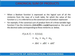 CANONICAL SUM OF PRODUCTS
• When a Boolean function is expressed as the logical sum of all the
minterms from the rows of a truth table, for which the value of the
function is 1, it is referred to as the canonical sum of product expression
• For example, if the canonical sum of product form of a three-variable logic
function F has the minterms , , and , this can be expressed as the sum of
the decimal codes corresponding to these minterms as below..
78
 