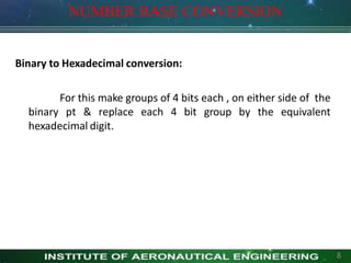 NUMBER BASE CONVERSION
Binary to Hexadecimal conversion:
For this make groups of 4 bits each , on either side of the
binary pt & replace each 4 bit group by the equivalent
hexadecimal digit.
8
 