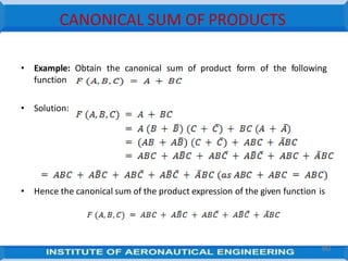 CANONICAL SUM OF PRODUCTS
• Example: Obtain the canonical sum of product form of the following
function
• Solution:
• Hence the canonical sum of the product expression of the given function is
80
 