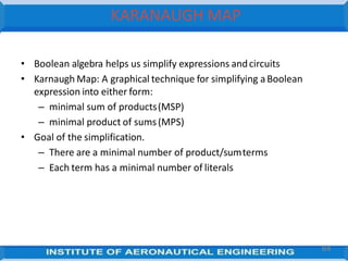 KARANAUGH MAP
• Boolean algebra helps us simplify expressions andcircuits
• Karnaugh Map: A graphical technique for simplifying a Boolean
expression into either form:
– minimal sum of products(MSP)
– minimal product of sums(MPS)
• Goal of the simplification.
– There are a minimal number of product/sumterms
– Each term has a minimal number of literals
84
 