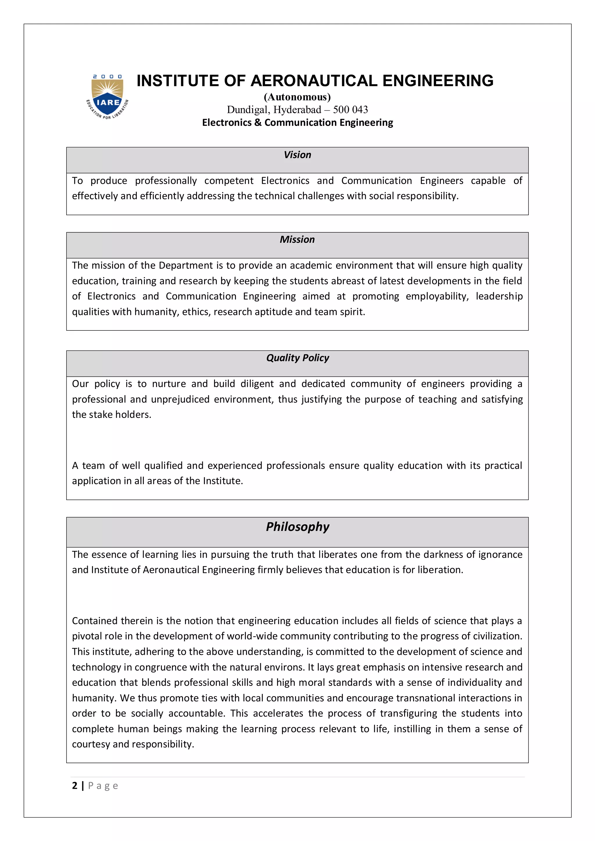 2 | P a g e
INSTITUTE OF AERONAUTICAL ENGINEERING
(Autonomous)
Dundigal, Hyderabad – 500 043
Electronics & Communication Engineering
Vision
To produce professionally competent Electronics and Communication Engineers capable of
effectively and efficiently addressing the technical challenges with social responsibility.
Mission
The mission of the Department is to provide an academic environment that will ensure high quality
education, training and research by keeping the students abreast of latest developments in the field
of Electronics and Communication Engineering aimed at promoting employability, leadership
qualities with humanity, ethics, research aptitude and team spirit.
Quality Policy
Our policy is to nurture and build diligent and dedicated community of engineers providing a
professional and unprejudiced environment, thus justifying the purpose of teaching and satisfying
the stake holders.
A team of well qualified and experienced professionals ensure quality education with its practical
application in all areas of the Institute.
Philosophy
The essence of learning lies in pursuing the truth that liberates one from the darkness of ignorance
and Institute of Aeronautical Engineering firmly believes that education is for liberation.
Contained therein is the notion that engineering education includes all fields of science that plays a
pivotal role in the development of world-wide community contributing to the progress of civilization.
This institute, adhering to the above understanding, is committed to the development of science and
technology in congruence with the natural environs. It lays great emphasis on intensive research and
education that blends professional skills and high moral standards with a sense of individuality and
humanity. We thus promote ties with local communities and encourage transnational interactions in
order to be socially accountable. This accelerates the process of transfiguring the students into
complete human beings making the learning process relevant to life, instilling in them a sense of
courtesy and responsibility.
 