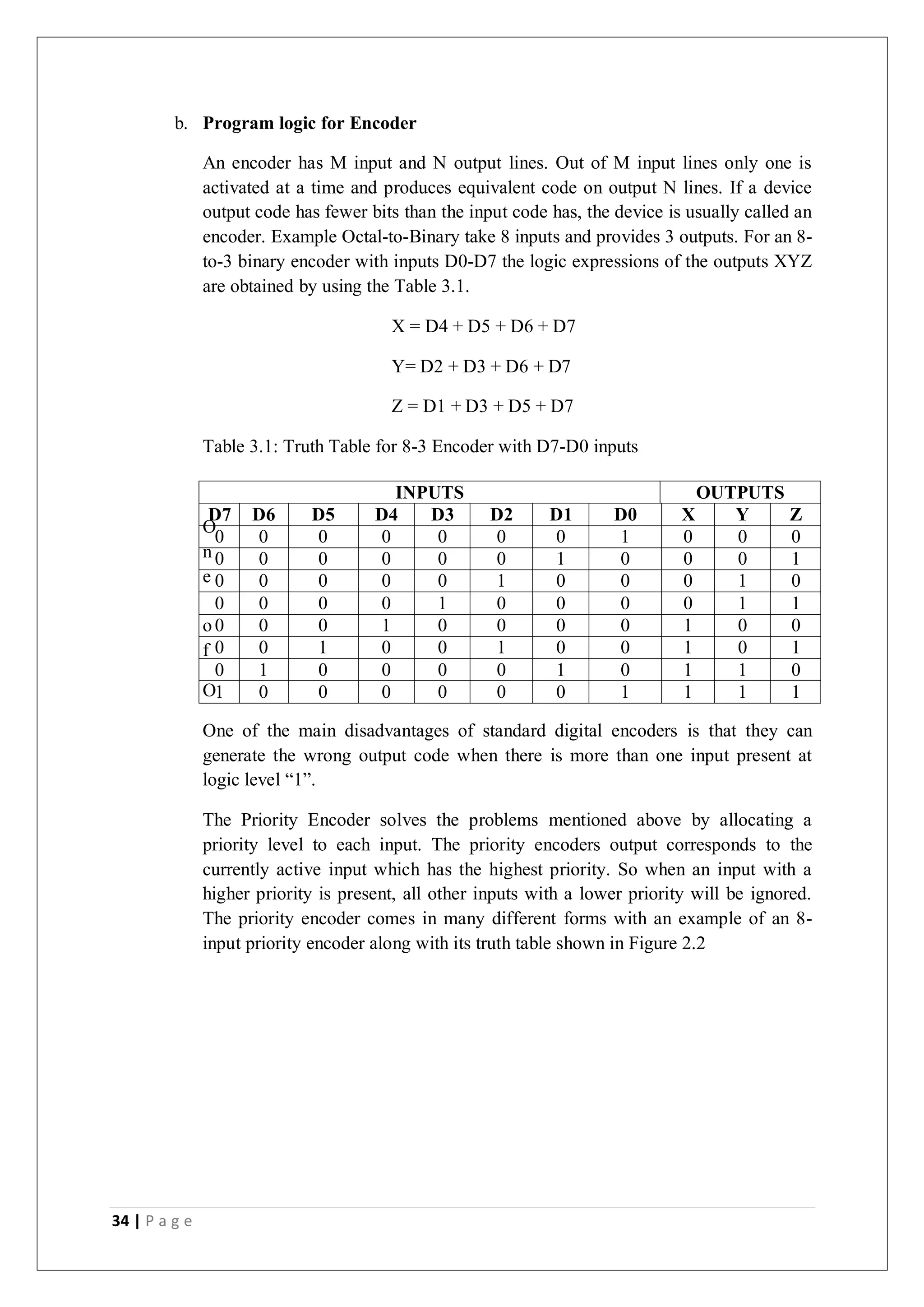 34 | P a g e
b. Program logic for Encoder
An encoder has M input and N output lines. Out of M input lines only one is
activated at a time and produces equivalent code on output N lines. If a device
output code has fewer bits than the input code has, the device is usually called an
encoder. Example Octal-to-Binary take 8 inputs and provides 3 outputs. For an 8-
to-3 binary encoder with inputs D0-D7 the logic expressions of the outputs XYZ
are obtained by using the Table 3.1.
X = D4 + D5 + D6 + D7
Y= D2 + D3 + D6 + D7
Z = D1 + D3 + D5 + D7
Table 3.1: Truth Table for 8-3 Encoder with D7-D0 inputs
O
n
e
o
f
O
One of the main disadvantages of standard digital encoders is that they can
generate the wrong output code when there is more than one input present at
logic level “1”.
The Priority Encoder solves the problems mentioned above by allocating a
priority level to each input. The priority encoders output corresponds to the
currently active input which has the highest priority. So when an input with a
higher priority is present, all other inputs with a lower priority will be ignored.
The priority encoder comes in many different forms with an example of an 8-
input priority encoder along with its truth table shown in Figure 2.2
INPUTS OUTPUTS
D7 D6 D5 D4 D3 D2 D1 D0 X Y Z
0 0 0 0 0 0 0 1 0 0 0
0 0 0 0 0 0 1 0 0 0 1
0 0 0 0 0 1 0 0 0 1 0
0 0 0 0 1 0 0 0 0 1 1
0 0 0 1 0 0 0 0 1 0 0
0 0 1 0 0 1 0 0 1 0 1
0 1 0 0 0 0 1 0 1 1 0
1 0 0 0 0 0 0 1 1 1 1
 