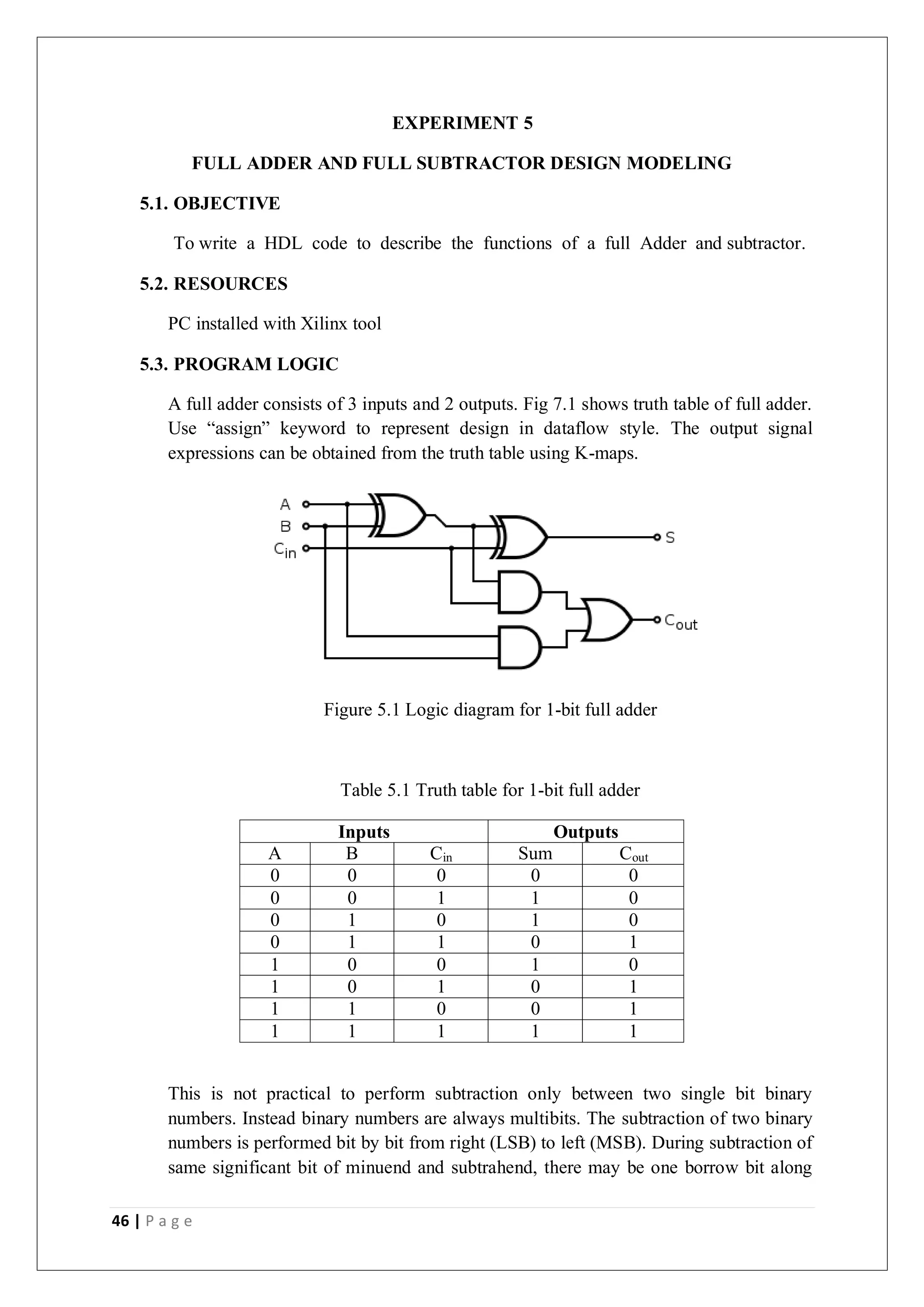 46 | P a g e
EXPERIMENT 5
FULL ADDER AND FULL SUBTRACTOR DESIGN MODELING
5.1. OBJECTIVE
To write a HDL code to describe the functions of a full Adder and subtractor.
5.2. RESOURCES
PC installed with Xilinx tool
5.3. PROGRAM LOGIC
A full adder consists of 3 inputs and 2 outputs. Fig 7.1 shows truth table of full adder.
Use “assign” keyword to represent design in dataflow style. The output signal
expressions can be obtained from the truth table using K-maps.
Figure 5.1 Logic diagram for 1-bit full adder
Table 5.1 Truth table for 1-bit full adder
Inputs Outputs
A B Cin Sum Cout
0 0 0 0 0
0 0 1 1 0
0 1 0 1 0
0 1 1 0 1
1 0 0 1 0
1 0 1 0 1
1 1 0 0 1
1 1 1 1 1
This is not practical to perform subtraction only between two single bit binary
numbers. Instead binary numbers are always multibits. The subtraction of two binary
numbers is performed bit by bit from right (LSB) to left (MSB). During subtraction of
same significant bit of minuend and subtrahend, there may be one borrow bit along
 