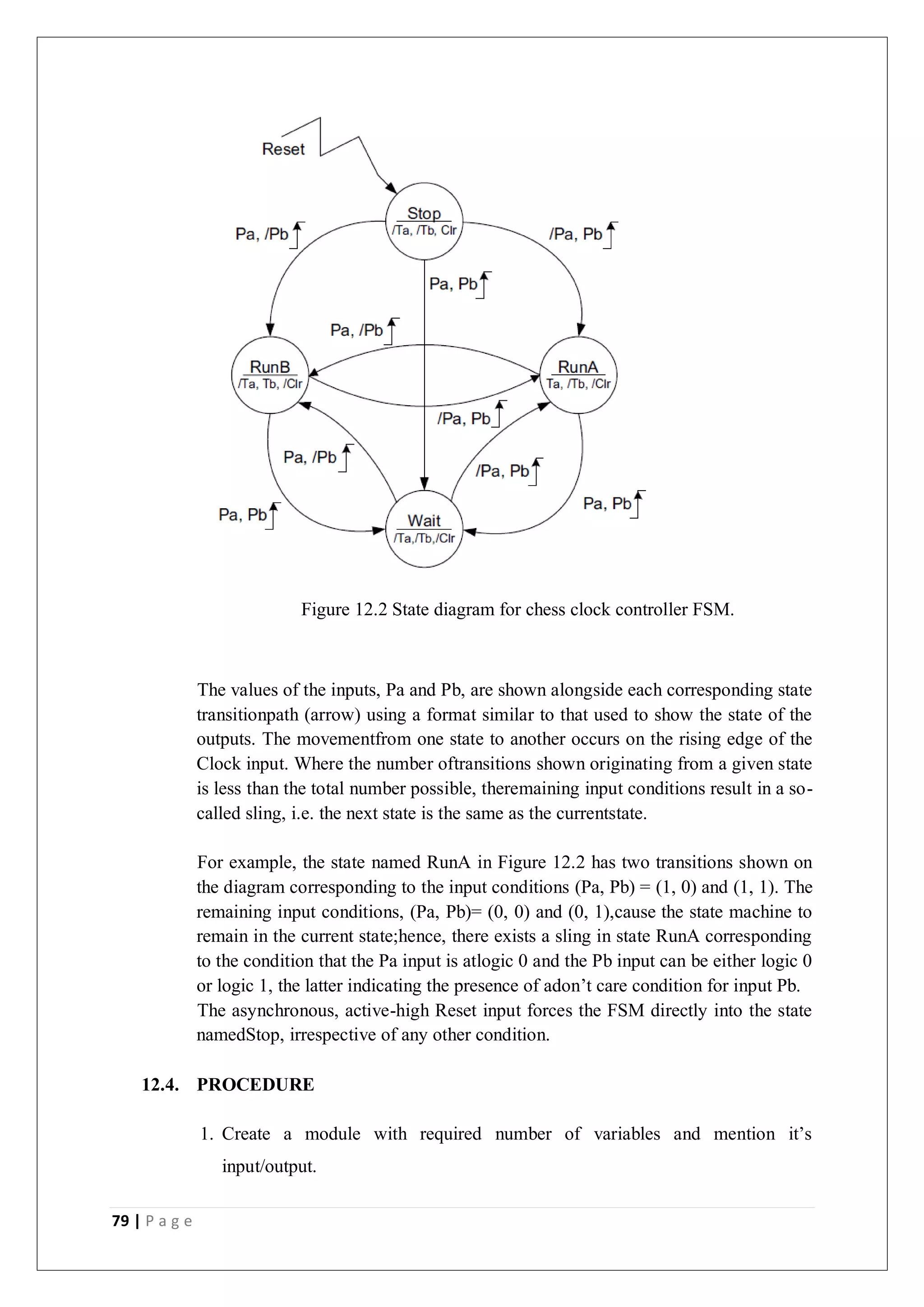 79 | P a g e
Figure 12.2 State diagram for chess clock controller FSM.
The values of the inputs, Pa and Pb, are shown alongside each corresponding state
transitionpath (arrow) using a format similar to that used to show the state of the
outputs. The movementfrom one state to another occurs on the rising edge of the
Clock input. Where the number oftransitions shown originating from a given state
is less than the total number possible, theremaining input conditions result in a so-
called sling, i.e. the next state is the same as the currentstate.
For example, the state named RunA in Figure 12.2 has two transitions shown on
the diagram corresponding to the input conditions (Pa, Pb) = (1, 0) and (1, 1). The
remaining input conditions, (Pa, Pb)= (0, 0) and (0, 1),cause the state machine to
remain in the current state;hence, there exists a sling in state RunA corresponding
to the condition that the Pa input is atlogic 0 and the Pb input can be either logic 0
or logic 1, the latter indicating the presence of adon’t care condition for input Pb.
The asynchronous, active-high Reset input forces the FSM directly into the state
namedStop, irrespective of any other condition.
12.4. PROCEDURE
1. Create a module with required number of variables and mention it’s
input/output.
 
