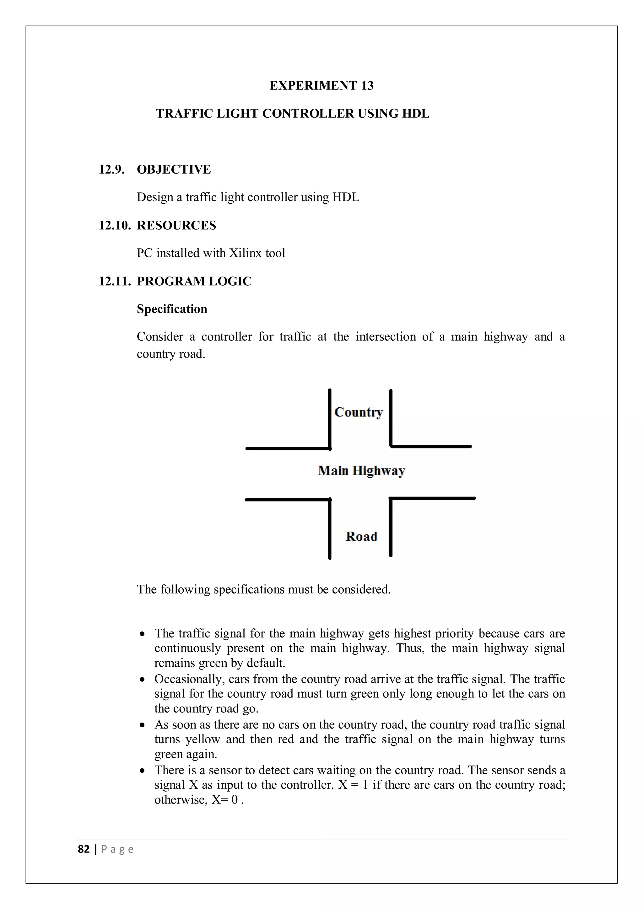 82 | P a g e
EXPERIMENT 13
TRAFFIC LIGHT CONTROLLER USING HDL
12.9. OBJECTIVE
Design a traffic light controller using HDL
12.10. RESOURCES
PC installed with Xilinx tool
12.11. PROGRAM LOGIC
Specification
Consider a controller for traffic at the intersection of a main highway and a
country road.
The following specifications must be considered.
 The traffic signal for the main highway gets highest priority because cars are
continuously present on the main highway. Thus, the main highway signal
remains green by default.
 Occasionally, cars from the country road arrive at the traffic signal. The traffic
signal for the country road must turn green only long enough to let the cars on
the country road go.
 As soon as there are no cars on the country road, the country road traffic signal
turns yellow and then red and the traffic signal on the main highway turns
green again.
 There is a sensor to detect cars waiting on the country road. The sensor sends a
signal X as input to the controller. X = 1 if there are cars on the country road;
otherwise, X= 0 .
 