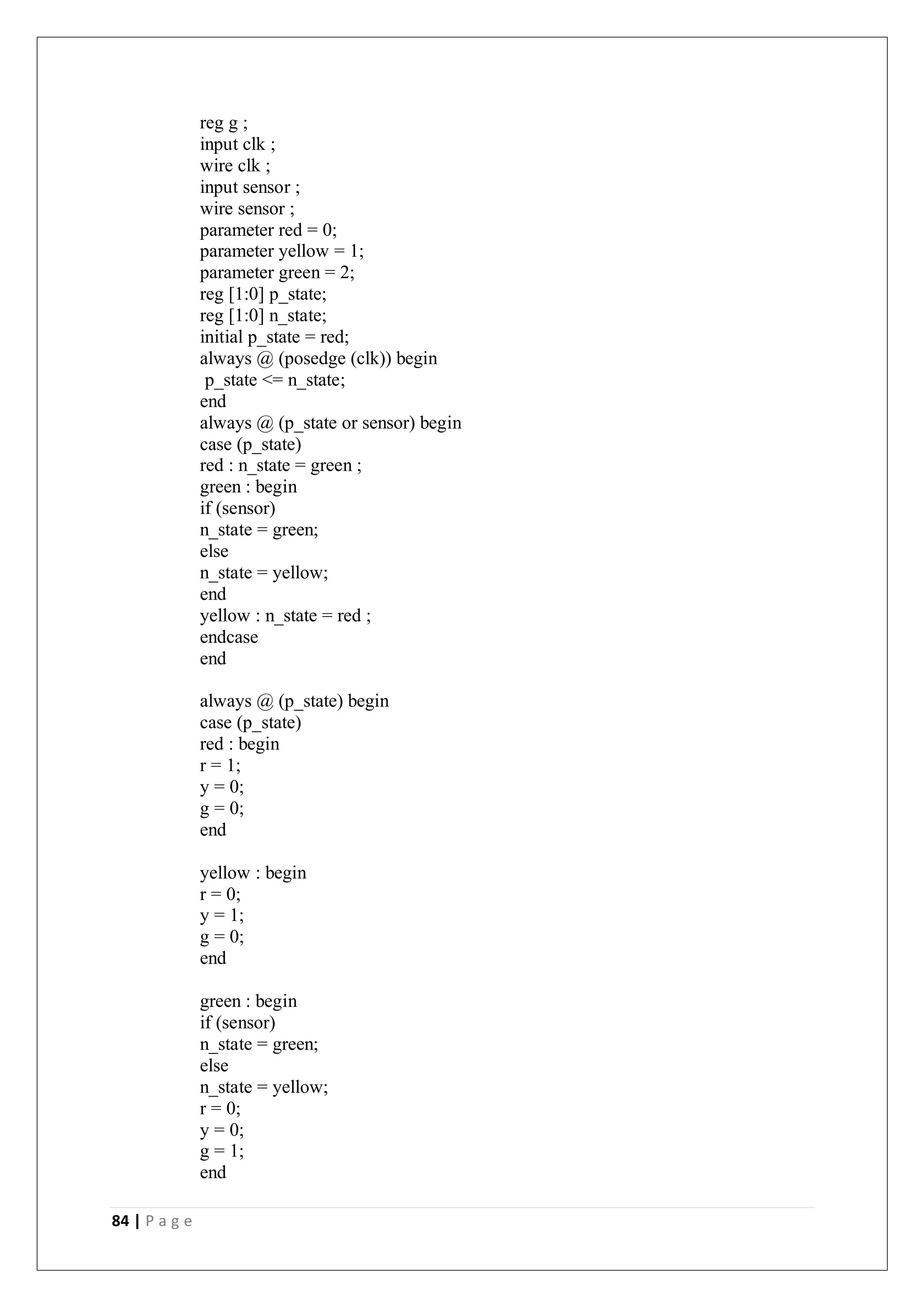84 | P a g e
reg g ;
input clk ;
wire clk ;
input sensor ;
wire sensor ;
parameter red = 0;
parameter yellow = 1;
parameter green = 2;
reg [1:0] p_state;
reg [1:0] n_state;
initial p_state = red;
always @ (posedge (clk)) begin
p_state <= n_state;
end
always @ (p_state or sensor) begin
case (p_state)
red : n_state = green ;
green : begin
if (sensor)
n_state = green;
else
n_state = yellow;
end
yellow : n_state = red ;
endcase
end
always @ (p_state) begin
case (p_state)
red : begin
r = 1;
y = 0;
g = 0;
end
yellow : begin
r = 0;
y = 1;
g = 0;
end
green : begin
if (sensor)
n_state = green;
else
n_state = yellow;
r = 0;
y = 0;
g = 1;
end
 