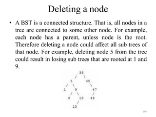 Deleting a node
• A BST is a connected structure. That is, all nodes in a
tree are connected to some other node. For example,
each node has a parent, unless node is the root.
Therefore deleting a node could affect all sub trees of
that node. For example, deleting node 5 from the tree
could result in losing sub trees that are rooted at 1 and
9.
196
 