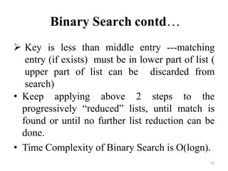 33
Binary Search contd…
 Key is less than middle entry ---matching
entry (if exists) must be in lower part of list (
upper part of list can be discarded from
search)
• Keep applying above 2 steps to the
progressively ―reduced‖ lists, until match is
found or until no further list reduction can be
done.
• Time Complexity of Binary Search is O(logn).
 