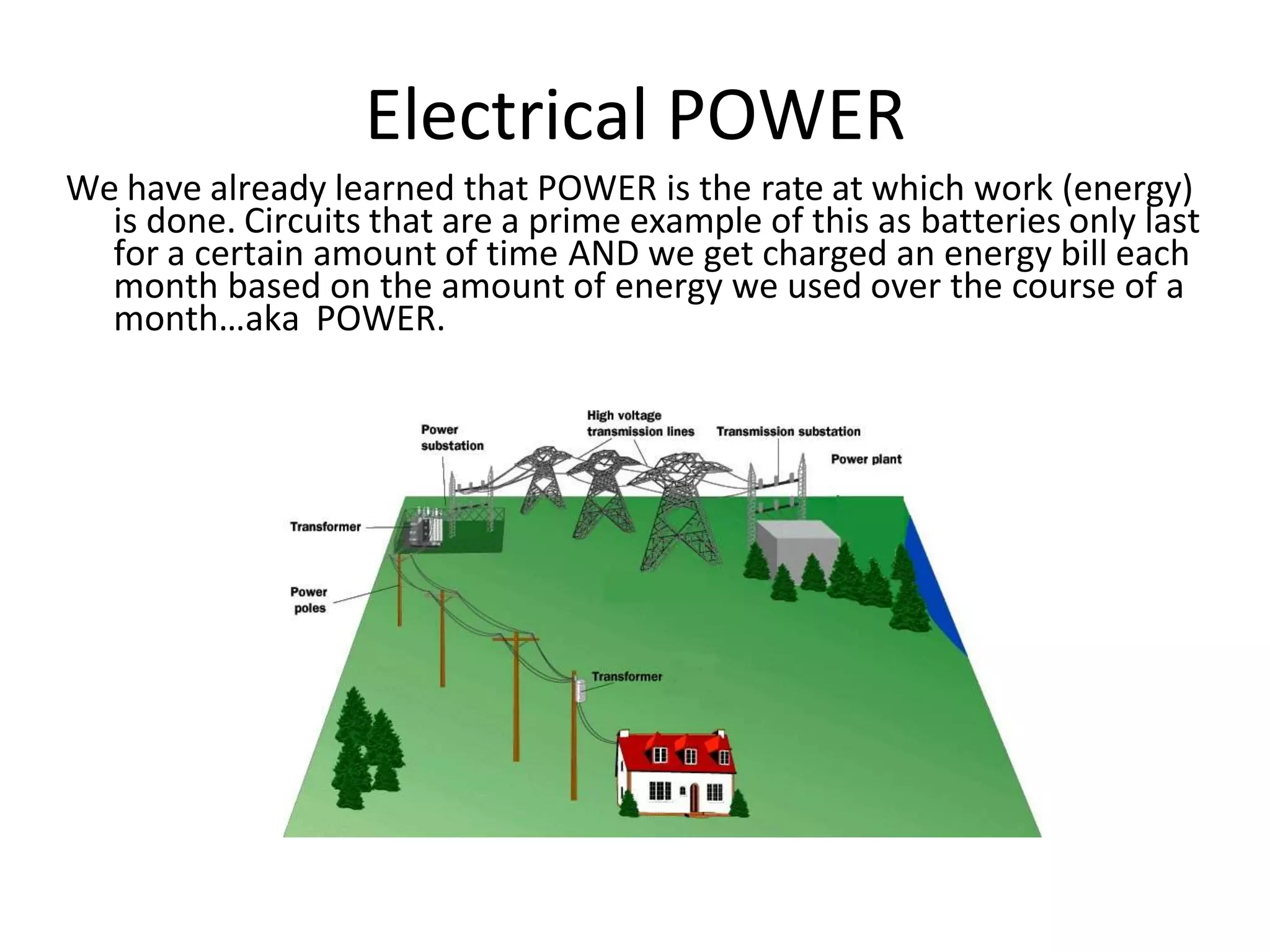 Electrical POWER
We have already learned that POWER is the rate at which work (energy)
is done. Circuits that are a prime example of this as batteries only last
for a certain amount of time AND we get charged an energy bill each
month based on the amount of energy we used over the course of a
month…aka POWER.
 