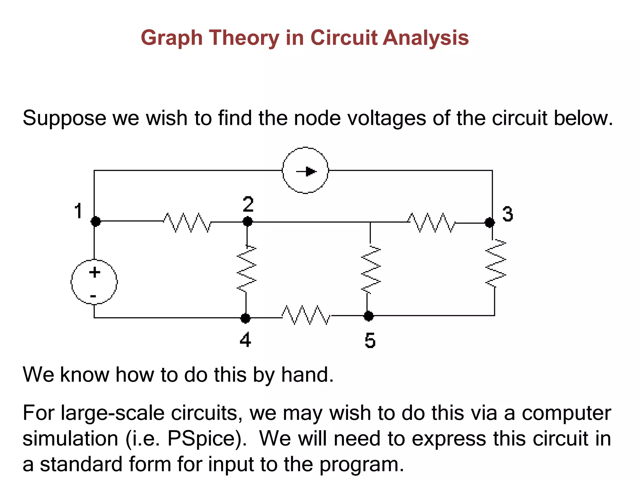 Graph Theory in Circuit Analysis
Suppose we wish to find the node voltages of the circuit below.
We know how to do this by hand.
For large-scale circuits, we may wish to do this via a computer
simulation (i.e. PSpice). We will need to express this circuit in
a standard form for input to the program.
 