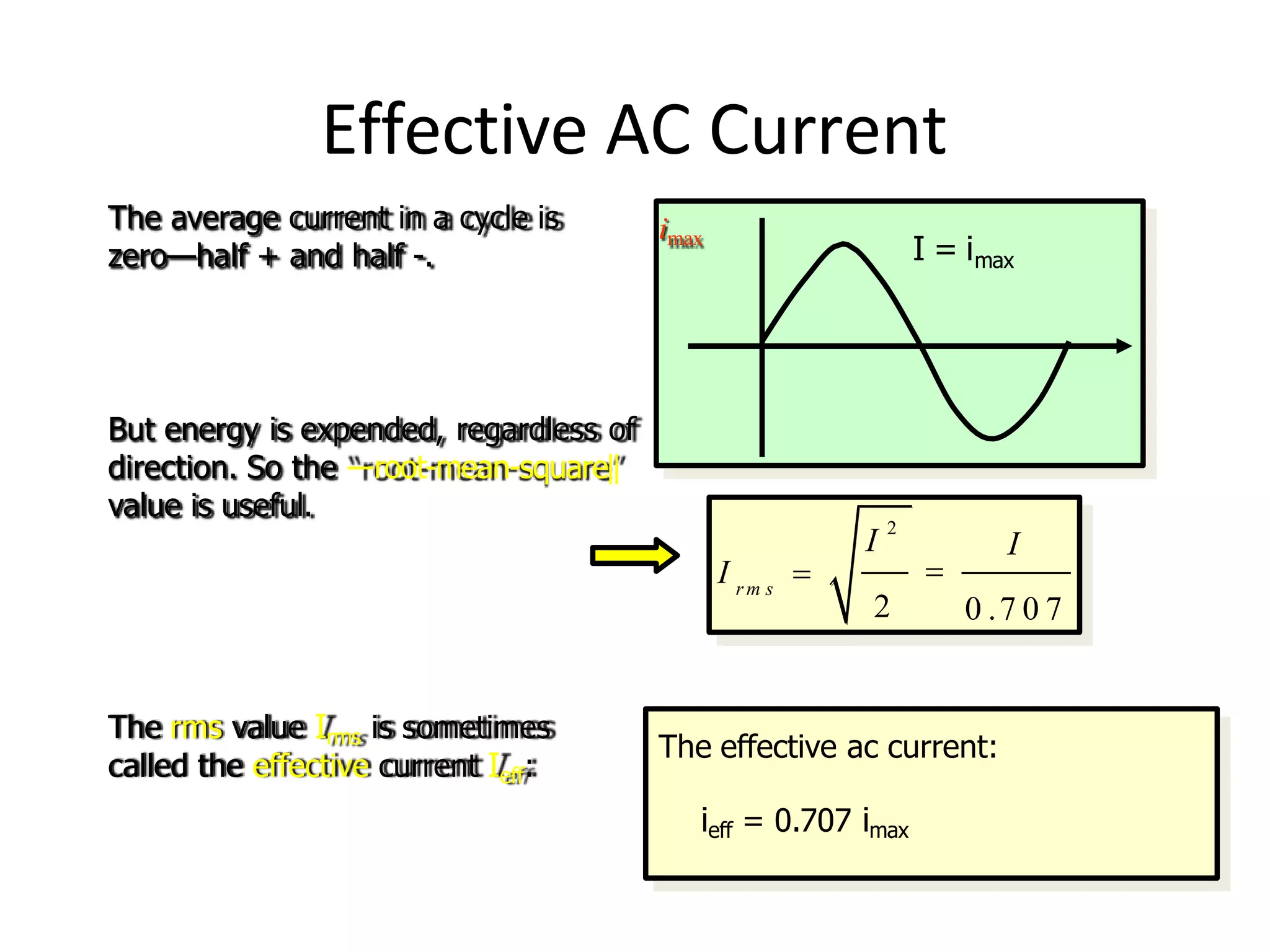 Effective AC Current
imax
The average current in a cycle is
zero—half + and half -.
But energy is expended, regardless of
direction. So the ―root-mean-square‖
value is useful.
r m s
I
0 .7 0 7
I 
I
2

2
I = imax
The rms value Irms is sometimes
called the effective current Ieff:
The effective ac current:
ieff = 0.707 imax
 