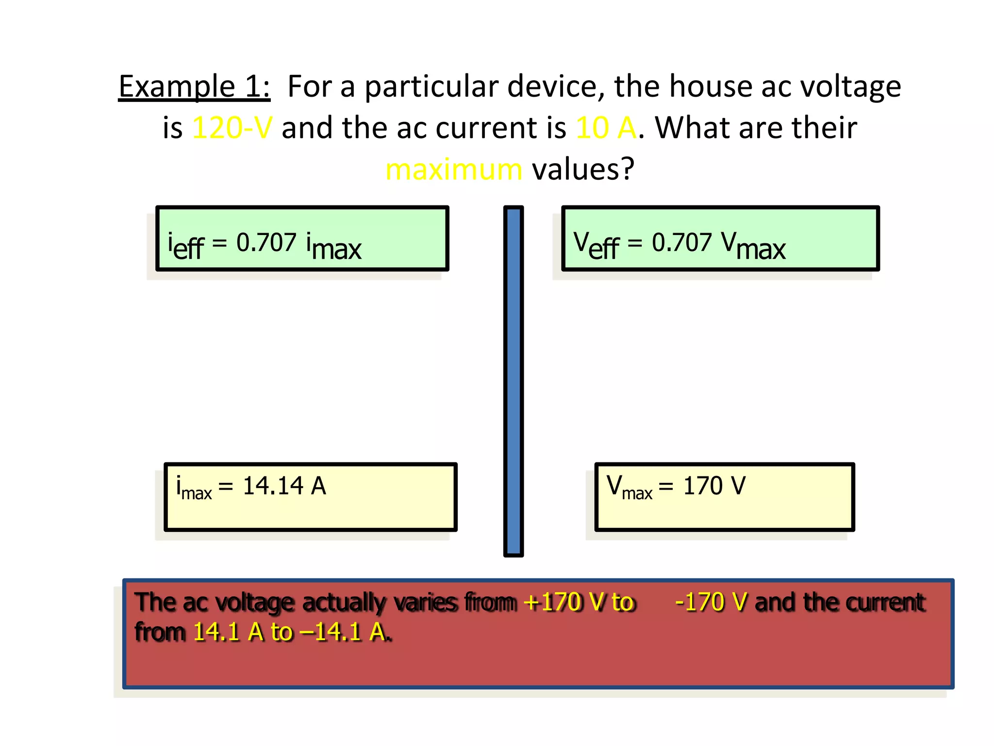 Example 1: For a particular device, the house ac voltage
is 120-V and the ac current is 10 A. What are their
maximum values?
ieff = 0.707 imax Veff = 0.707 Vmax
imax = 14.14 A Vmax = 170 V
-170 V and the current
The ac voltage actually varies from +170 V to
from 14.1 A to –14.1 A.
 