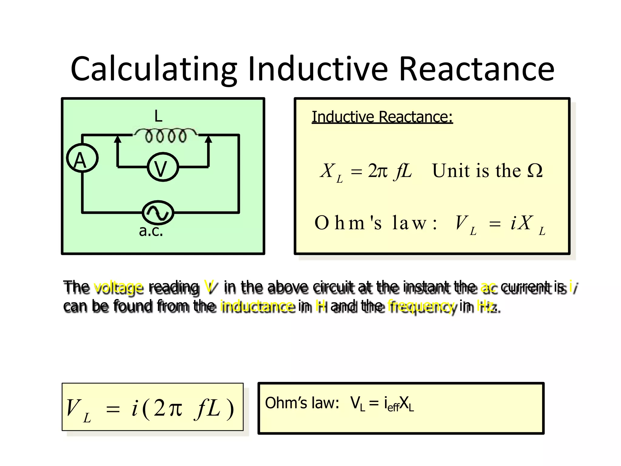Calculating Inductive Reactance
A
L
V
a.c.
Inductive Reactance:
X L  2 fL Unit is the 
O h m 's law : V L  iX L
The voltage reading V in the above circuit at the instant the ac current is i
can be found from the inductance in H and the frequency in Hz.
V L  i( 2 fL ) Ohm’s law: VL = ieffXL
 