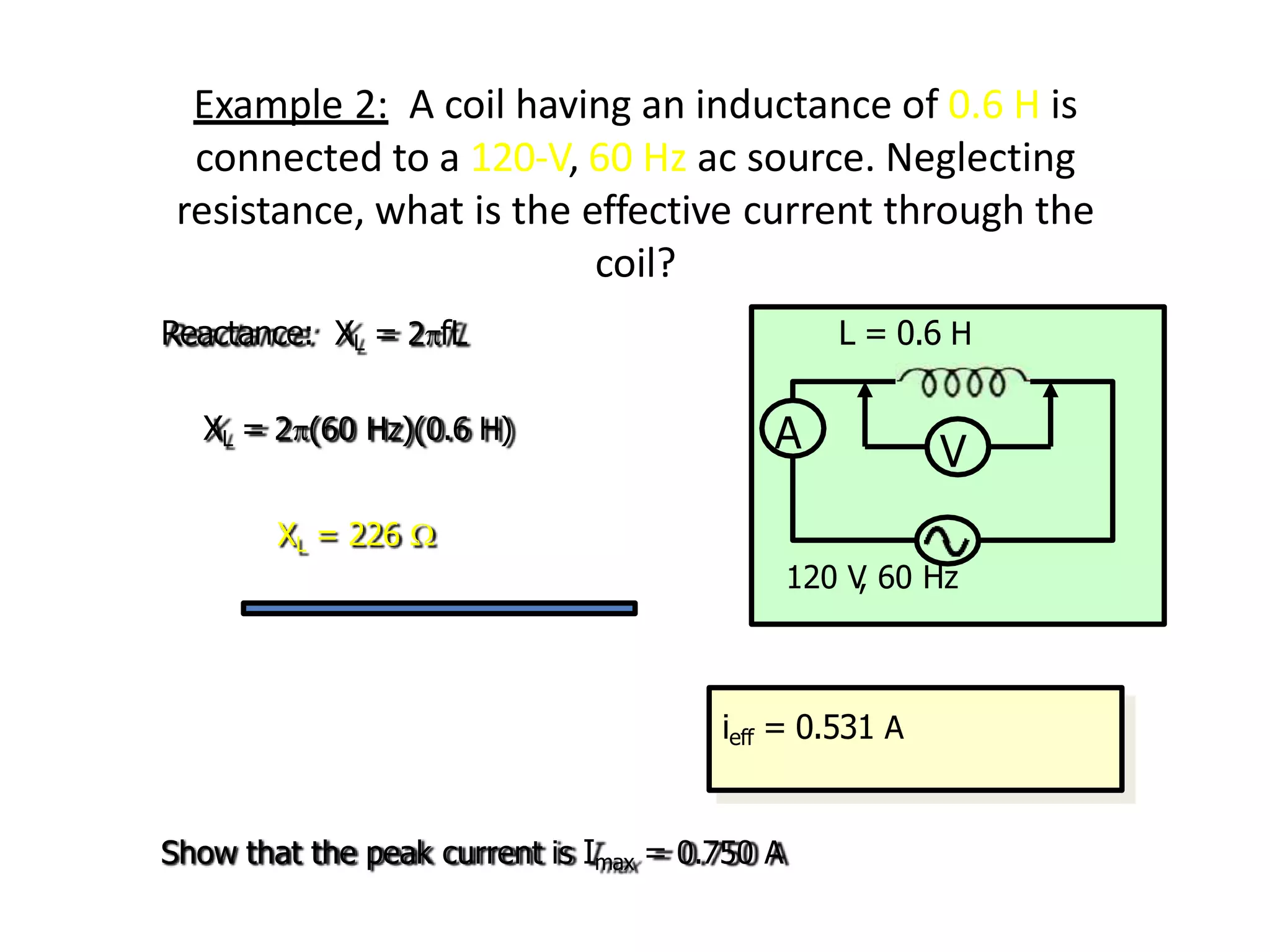 A V
120 V
, 60 Hz
Example 2: A coil having an inductance of 0.6 H is
connected to a 120-V, 60 Hz ac source. Neglecting
resistance, what is the effective current through the
coil?
Reactance: XL = 2fL L = 0.6 H
XL = 2(60 Hz)(0.6 H)
XL = 226 
ieff = 0.531 A
Show that the peak current is Imax = 0.750 A
 