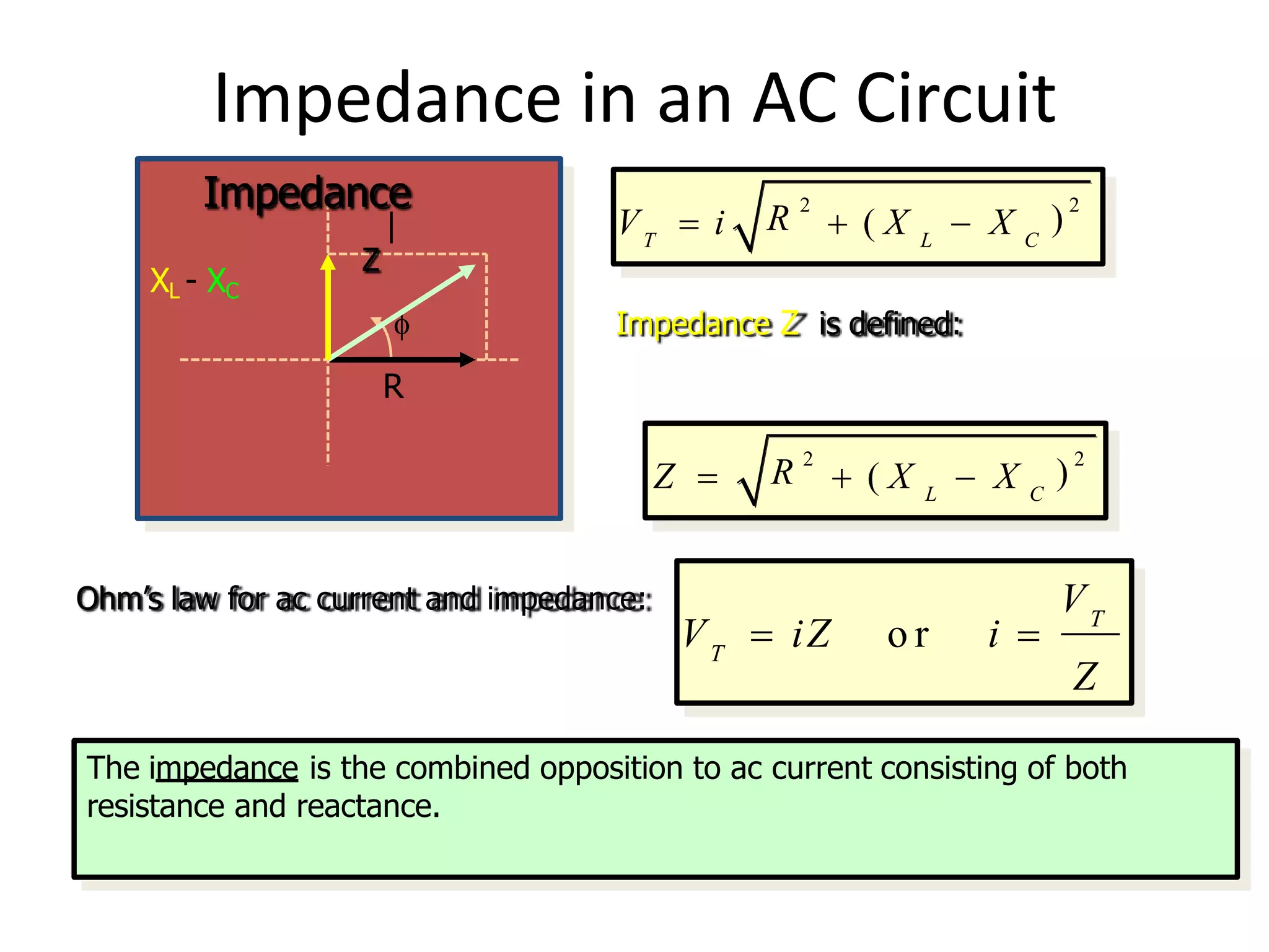 Impedance in an AC Circuit

R
XL - XC
Z
Impedance
T L C
R 2
) 2
V  i  ( X  X
Impedance Z is defined:
) 2
L C
R 2
Z   ( X  X
Ohm’s law for ac current and impedance:
T
T
V
Z
V  iZ o r i 
The impedance is the combined opposition to ac current consisting of both
resistance and reactance.
 