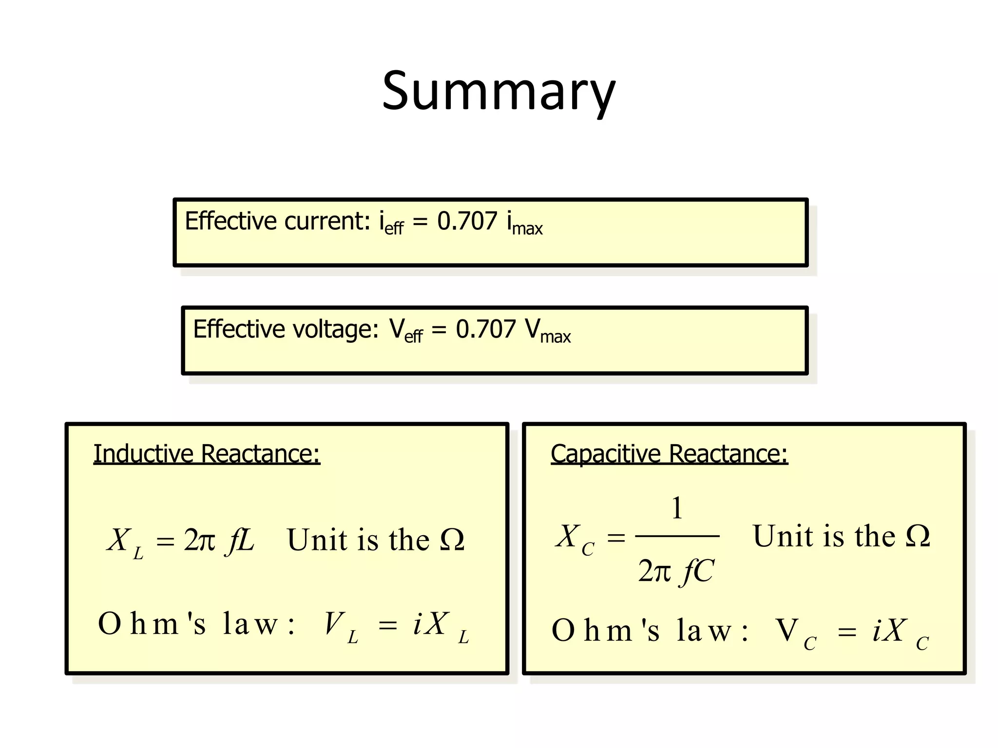 Summary
Effective current: ieff = 0.707 imax
Effective voltage: Veff = 0.707 Vmax
Inductive Reactance:
X L  2 fL Unit is the 
O h m 's law : V L  iX L
Capacitive Reactance:
1
2 fC
XC  Unit is the 
O h m 's la w : VC  iX C
 