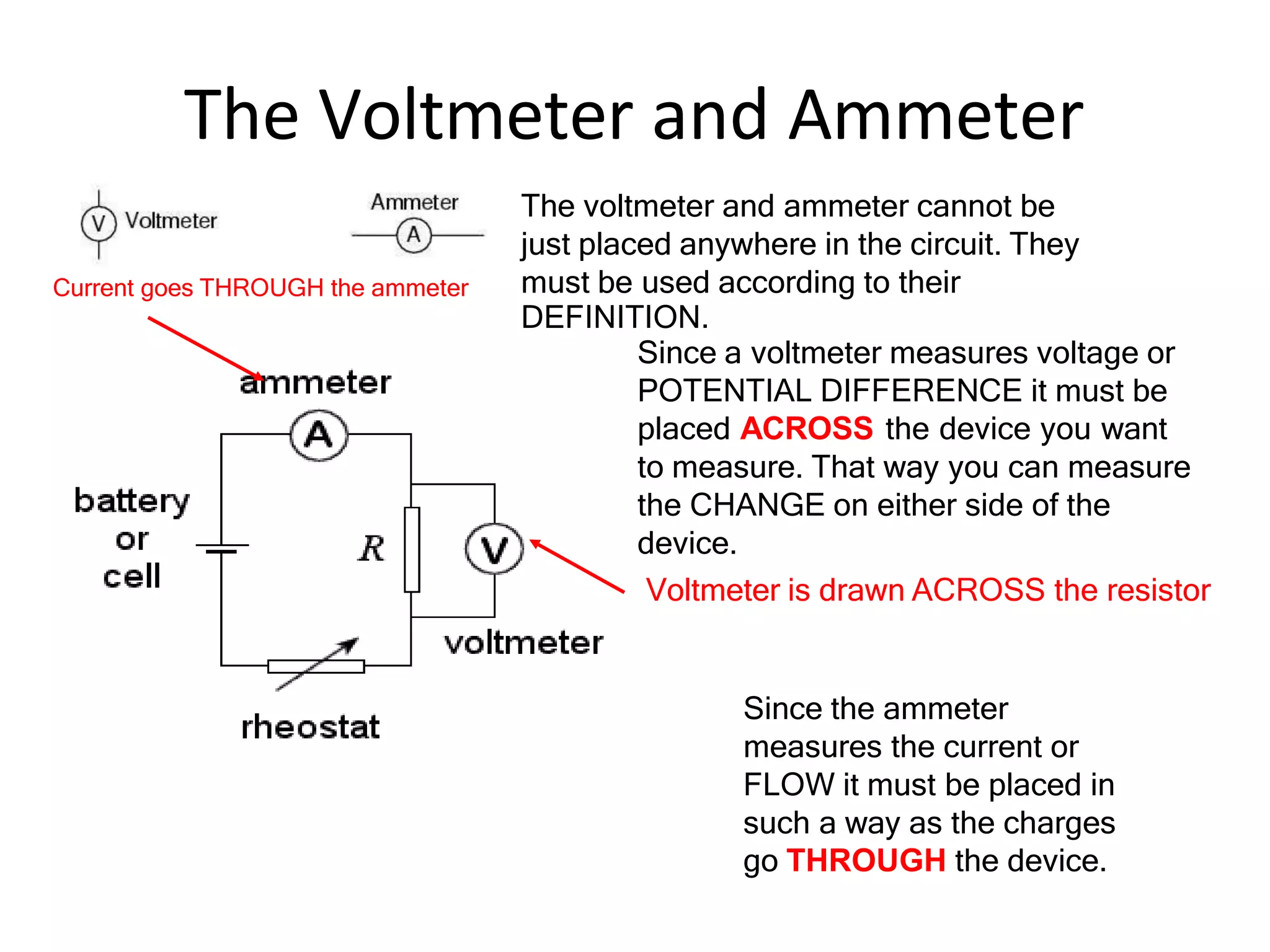 The Voltmeter and Ammeter
The voltmeter and ammeter cannot be
just placed anywhere in the circuit. They
must be used according to their
DEFINITION.
Since a voltmeter measures voltage or
POTENTIAL DIFFERENCE it must be
placed ACROSS the device you want
to measure. That way you can measure
the CHANGE on either side of the
device.
Voltmeter is drawn ACROSS the resistor
Since the ammeter
measures the current or
FLOW it must be placed in
such a way as the charges
go THROUGH the device.
Current goes THROUGH the ammeter
 