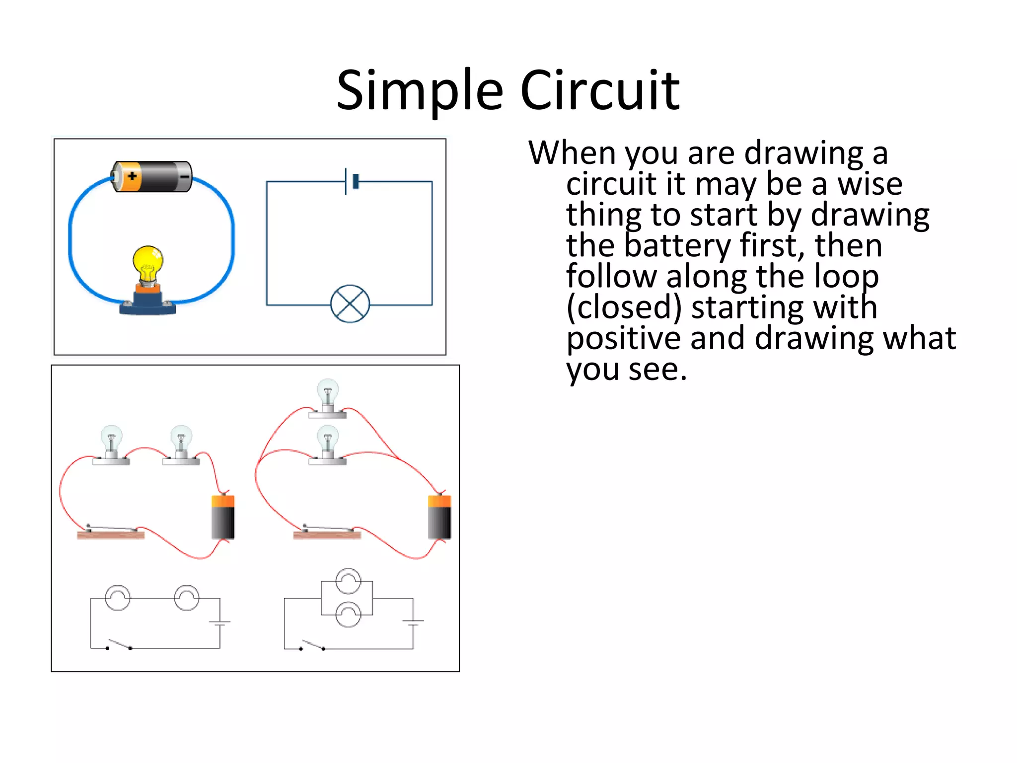 Simple Circuit
When you are drawing a
circuit it may be a wise
thing to start by drawing
the battery first, then
follow along the loop
(closed) starting with
positive and drawing what
you see.
 