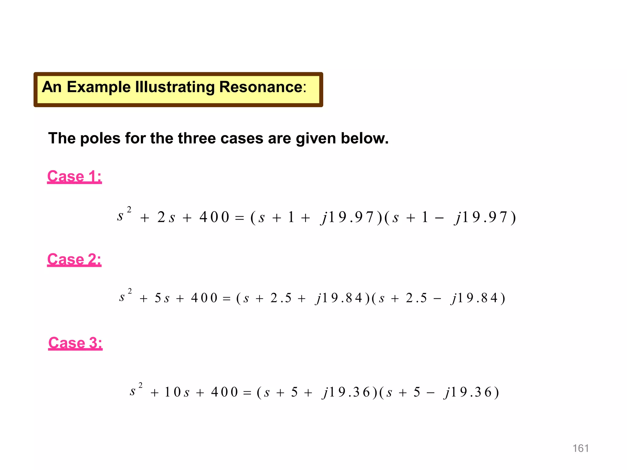 161
An Example Illustrating Resonance:
The poles for the three cases are given below.
Case 1:
Case 2:
Case 3:
s 2
 2 s  4 0 0  ( s  1  j1 9 .9 7 )( s  1  j1 9 .9 7 )
s
2
 5 s  4 0 0  ( s  2 .5  j1 9 .8 4 )( s  2 .5  j1 9 .8 4 )
s
2
 1 0 s  4 0 0  ( s  5  j1 9 .3 6 )( s  5  j1 9 .3 6 )
 
