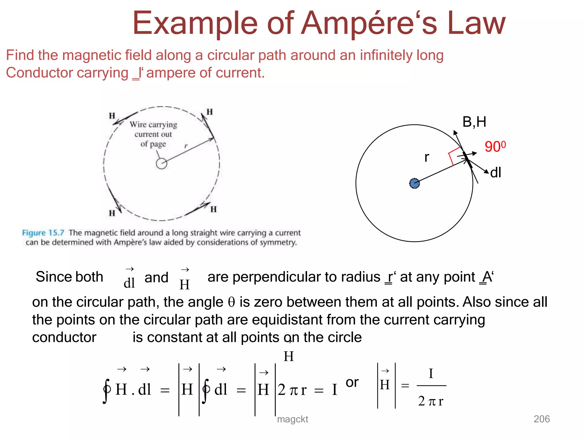 magckt 206
Example of Ampére‘s Law
Find the magnetic field along a circular path around an infinitely long
Conductor carrying ‗I‘ampere of current.
B,H
r
900
dl
Since both

dl and

H
are perpendicular to radius ‗
r‘ at any point ‗
A‘
on the circular path, the angle  is zero between them at all points. Also since all
the points on the circular path are equidistant from the current carrying
conductor is constant at all points o
n the circle
H
H 2  r  I

   
 H . dl  H  dl  or
I

H 
2  r
 
