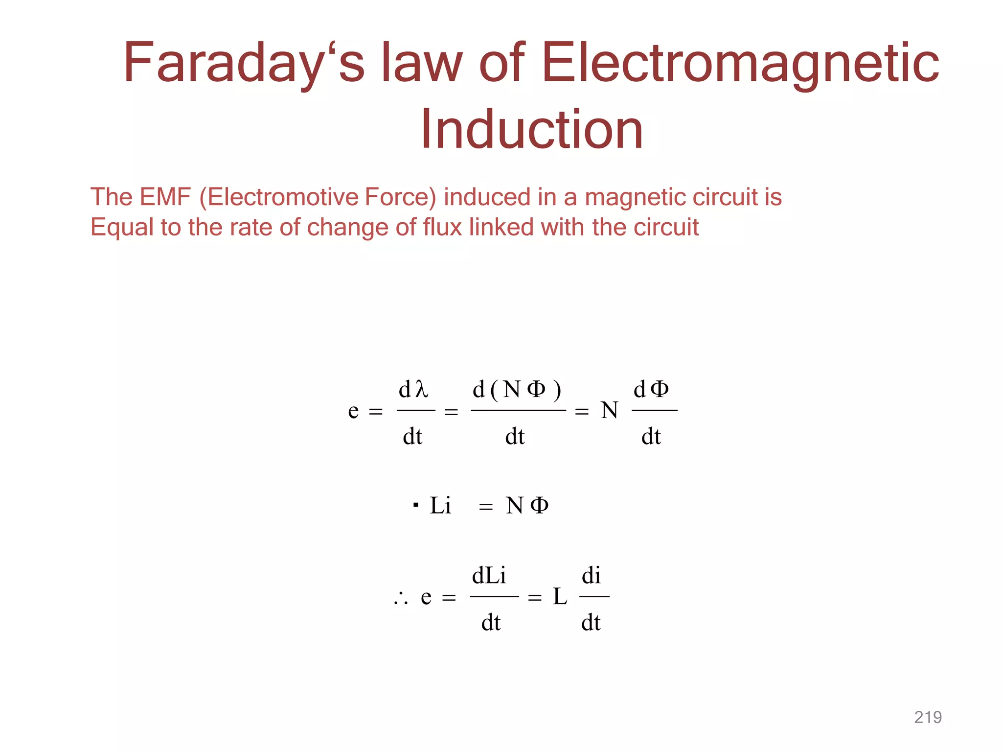Faraday‘s law of Electromagnetic
Induction
The EMF (Electromotive Force) induced in a magnetic circuit is
Equal to the rate of change of flux linked with the circuit
dt
d 
 N
dt dt
e  
d  d ( N  )
Li  N 
dt
219
di
 L
dt
dLi
 e 
 