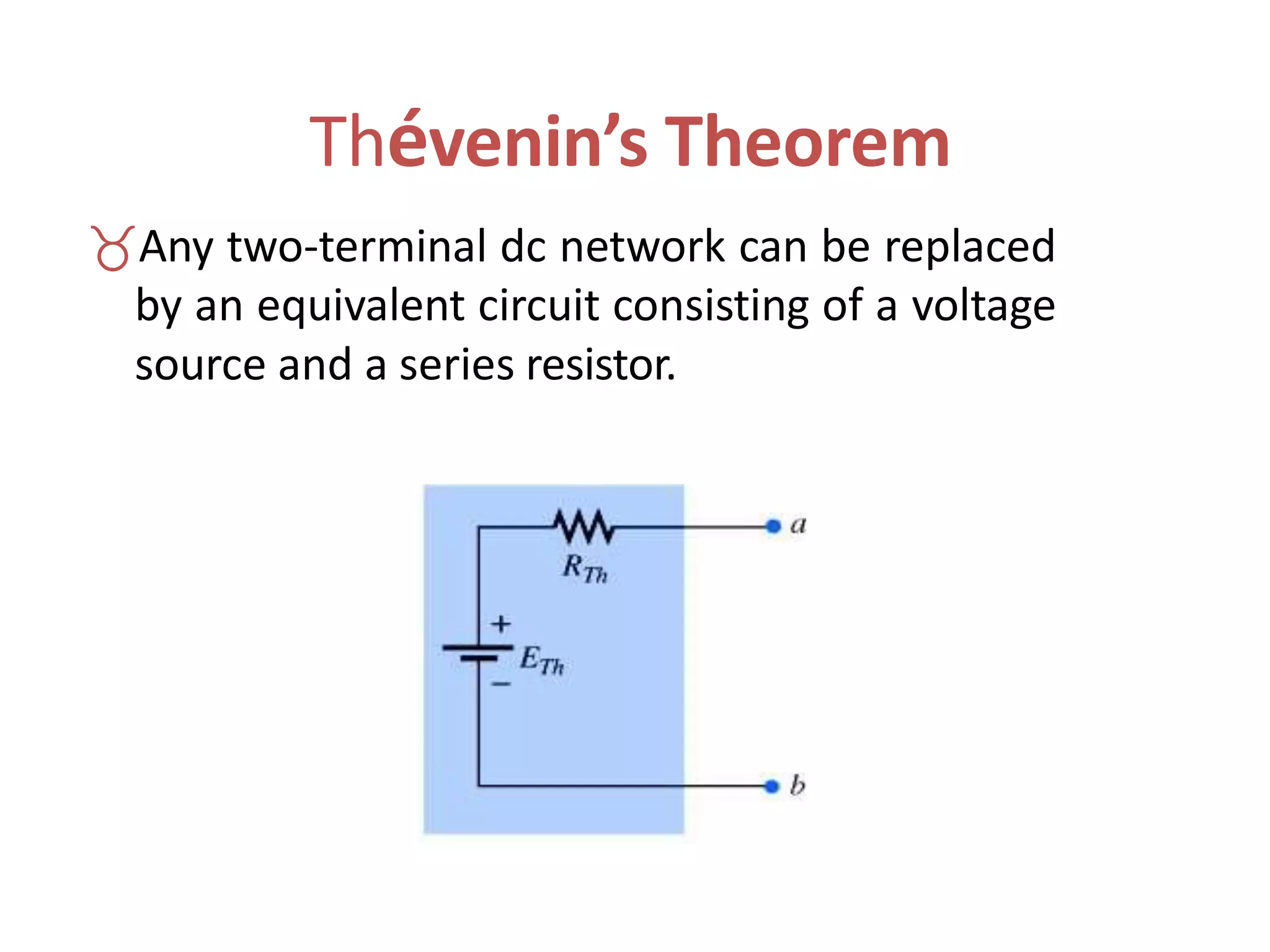 Thévenin’s Theorem
Any two-terminal dc network can be replaced
by an equivalent circuit consisting of a voltage
source and a series resistor.
 