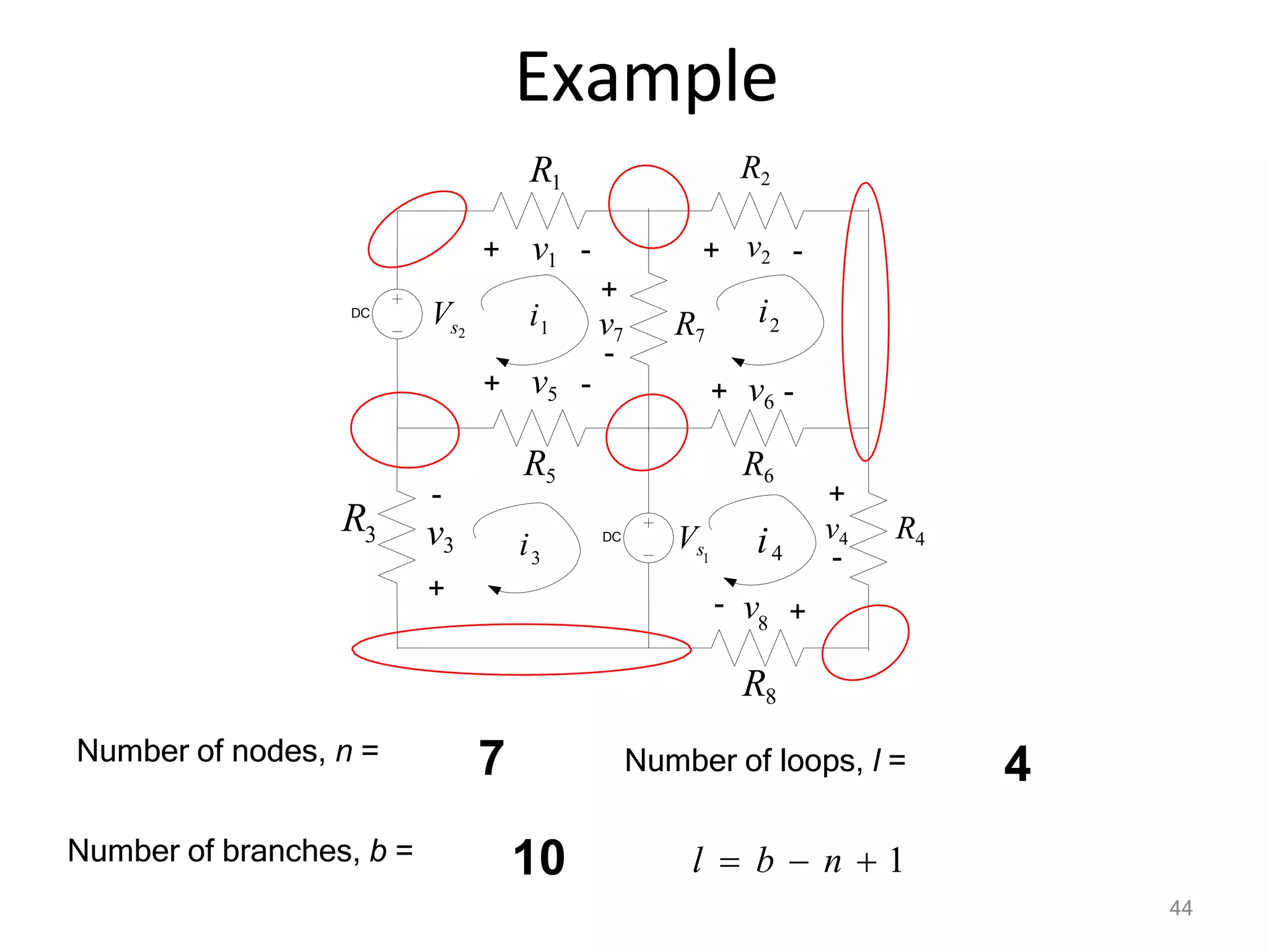Example
DC
DC
3
R
R2
v2
v4 R4
8
+
v3
+
+
+
+
R1
+ v1 -
-
+ v5 -
R5
+ v6 -
-
-
- v
-
1
Vs
s2
V 1 v7 R7
i 2
i
3
i
R6
i4
R8
Number of loops, l =
Number of nodes, n =
Number of branches, b = l  b  n  1
7
10
4
44
 