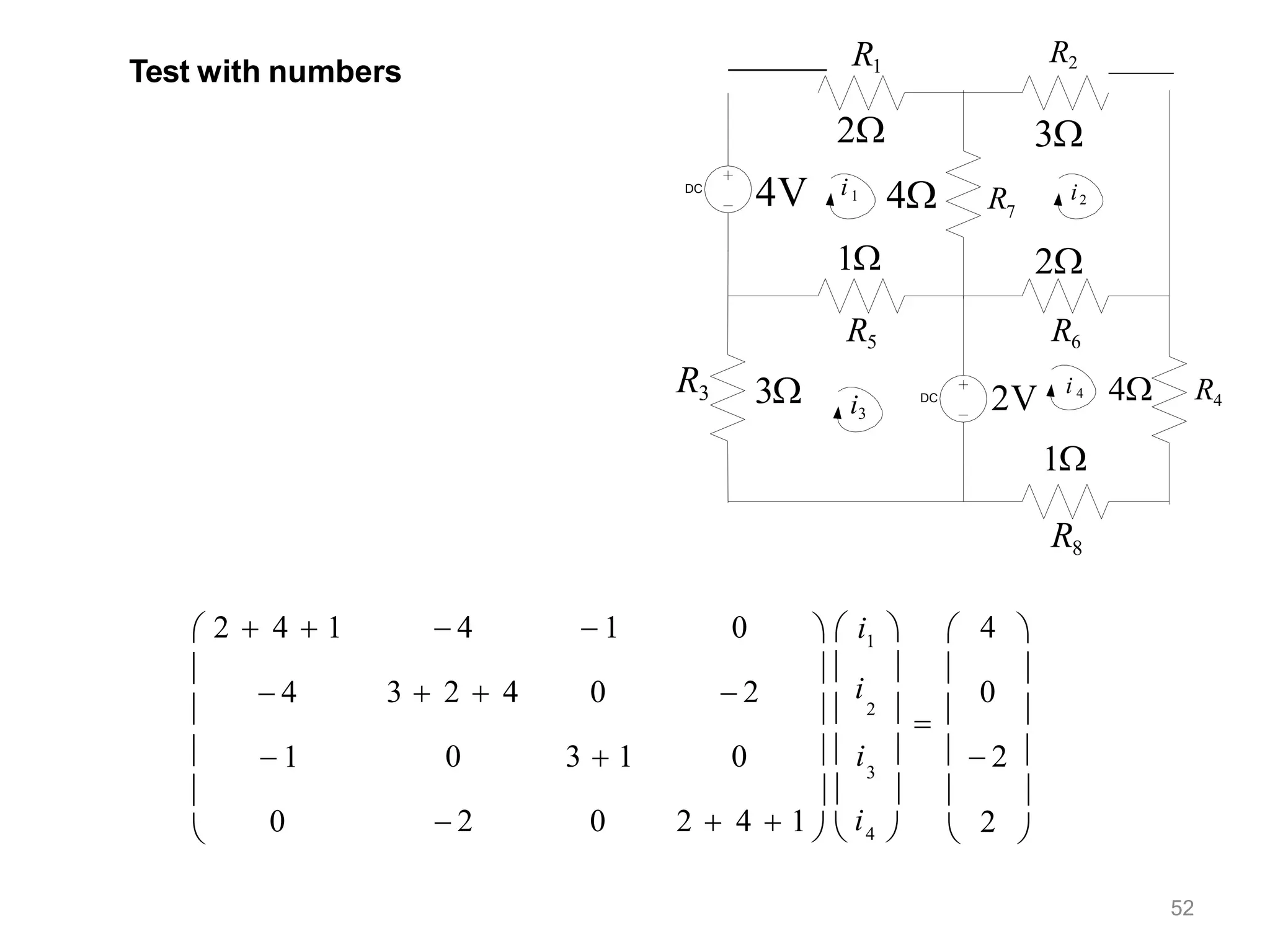 Test with numbers
DC
DC
R3
7
4 R
4 R4
1
R8
3 2V
4V
R1
2
i1
R2
3
i2
2
R6
1
R5
i3
i 4
3
52
 2  4  1

 4
3  2  4
0
 2
4
0
 4
 1
0 2
0
 2
0
  i1   
 
i
  
  2    
  i    2 




    
 
 1
0
3  1
0 2  4  1   i4 
 