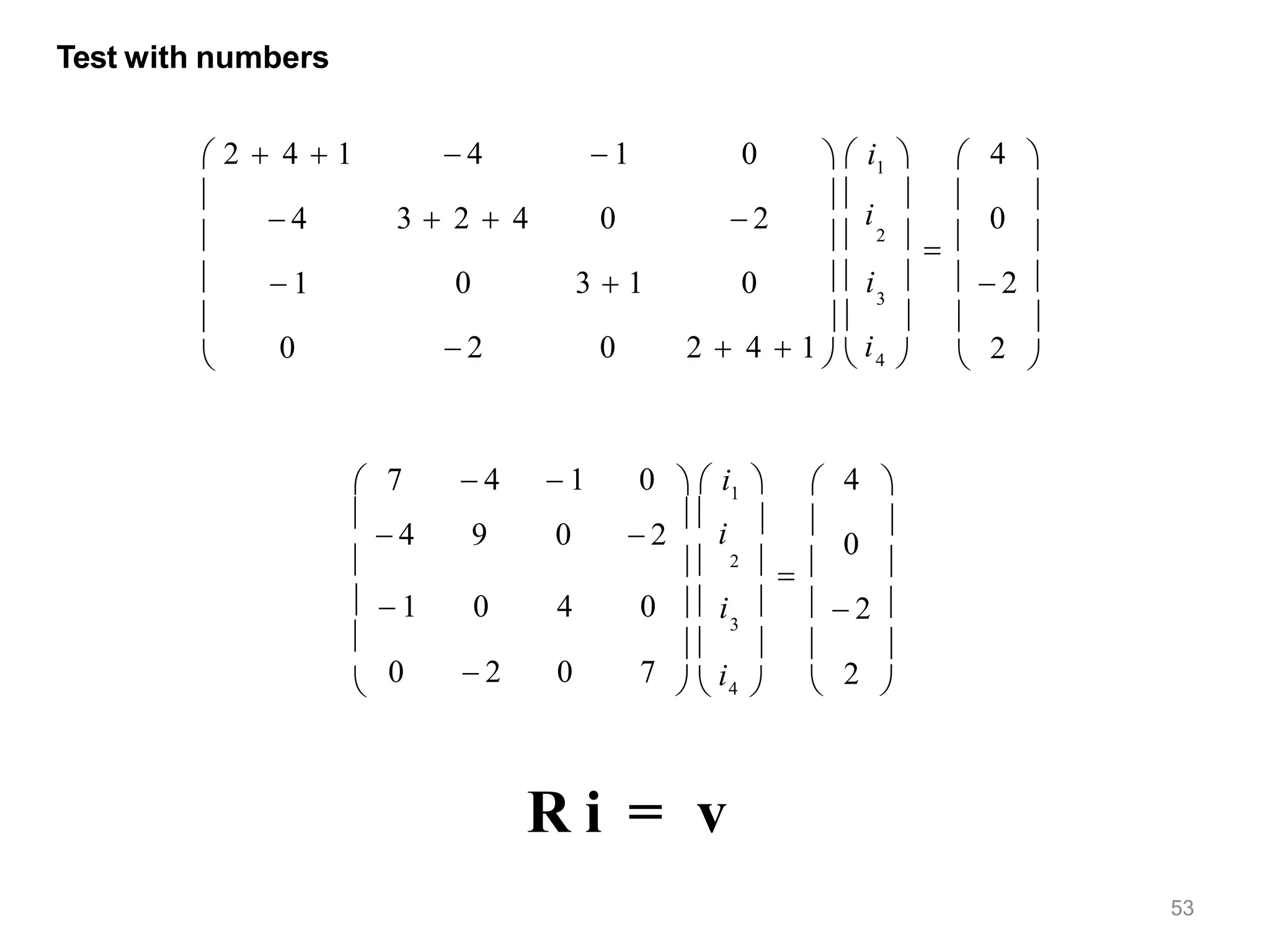 53
Test with numbers
3
 2  4  1  4
3  2  4
0
 2
4
0
 4
 1
0 2
0
 2
0
  i1   
 
i
  
  2    
  i    2 





    
 
 1
0
3  1
0 2  4  1   i4 
3
4
0
2
  i1   
  
  2    
  i    2 
 7  4  1 0

 4 9 0  2
 
i

  1 0 4 0

0  2 0 7

    
  i4   
R i = v
 